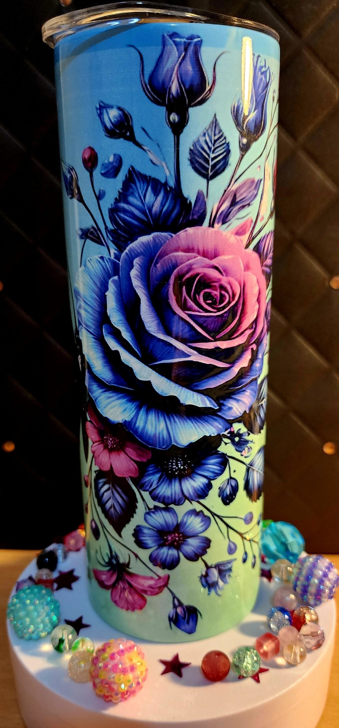 20oz TUMBLER - blue and pink rose - (stainless steel)