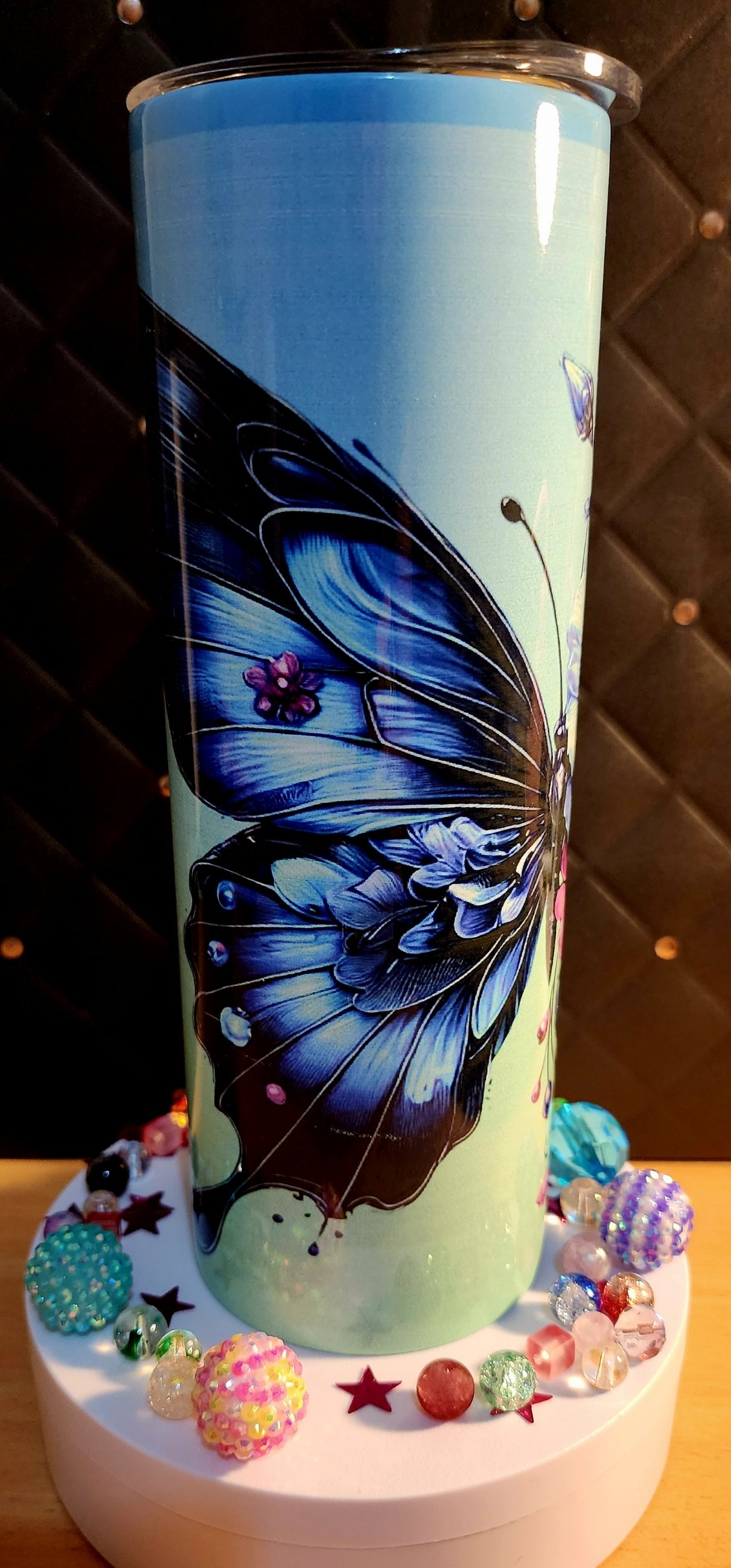 20oz TUMBLER - blue and pink rose - (stainless steel)
