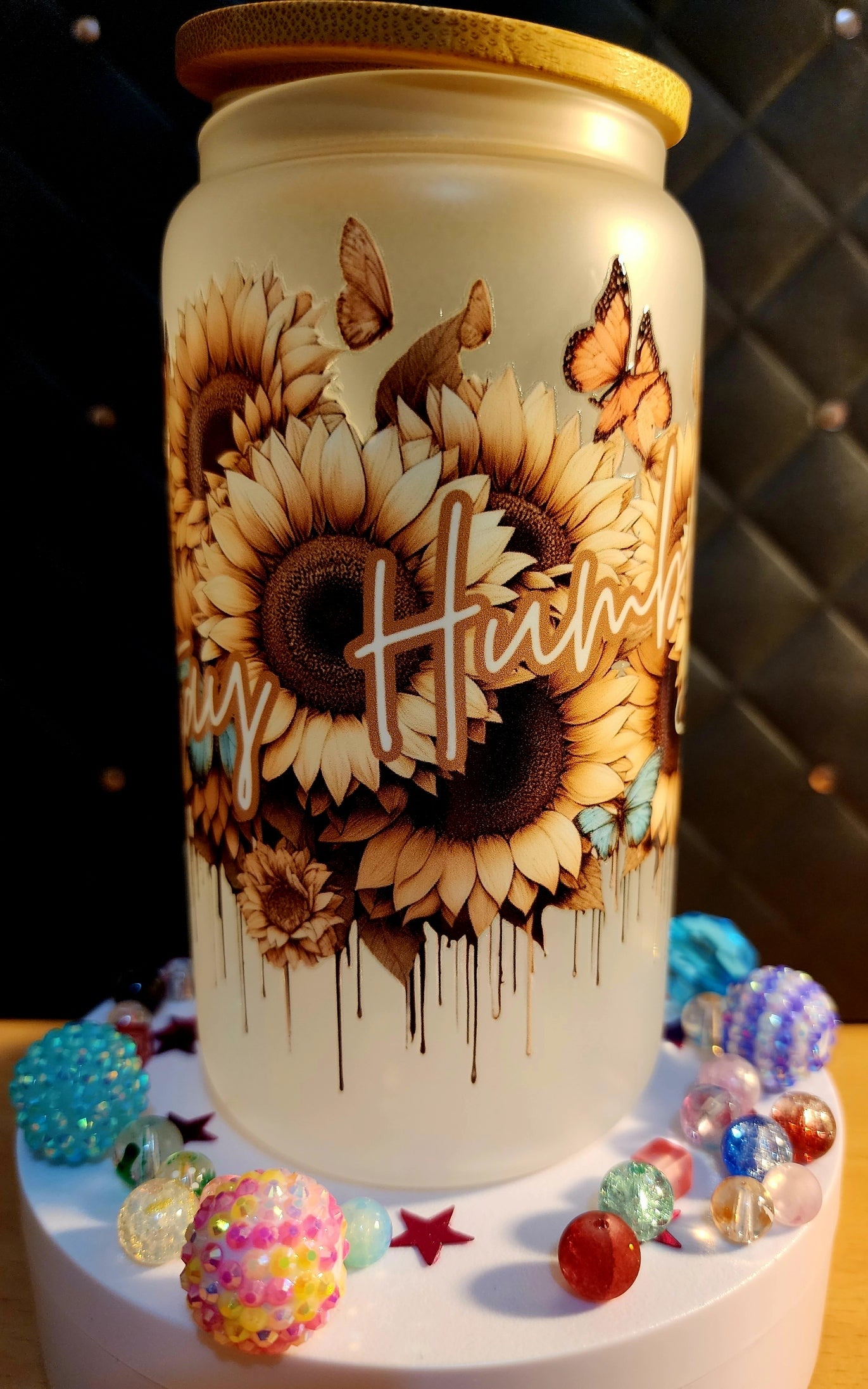 TUMBLER - Brown flowers with quote (glass)