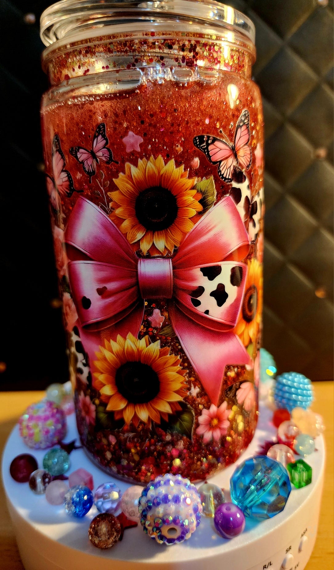 TUMBLER - Pink bow with sunflowers (acrylic)