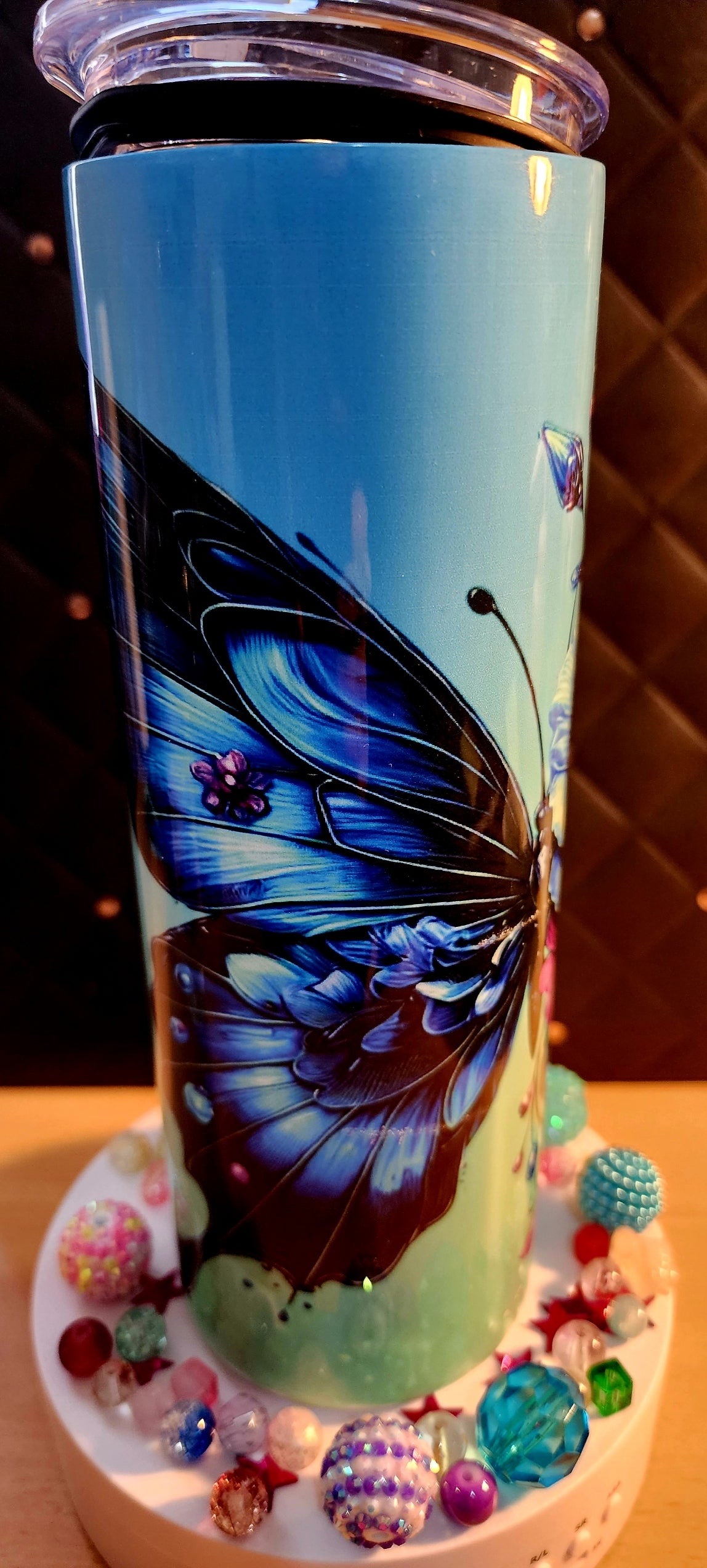 20oz TUMBLER - Blue butterfly with flowers