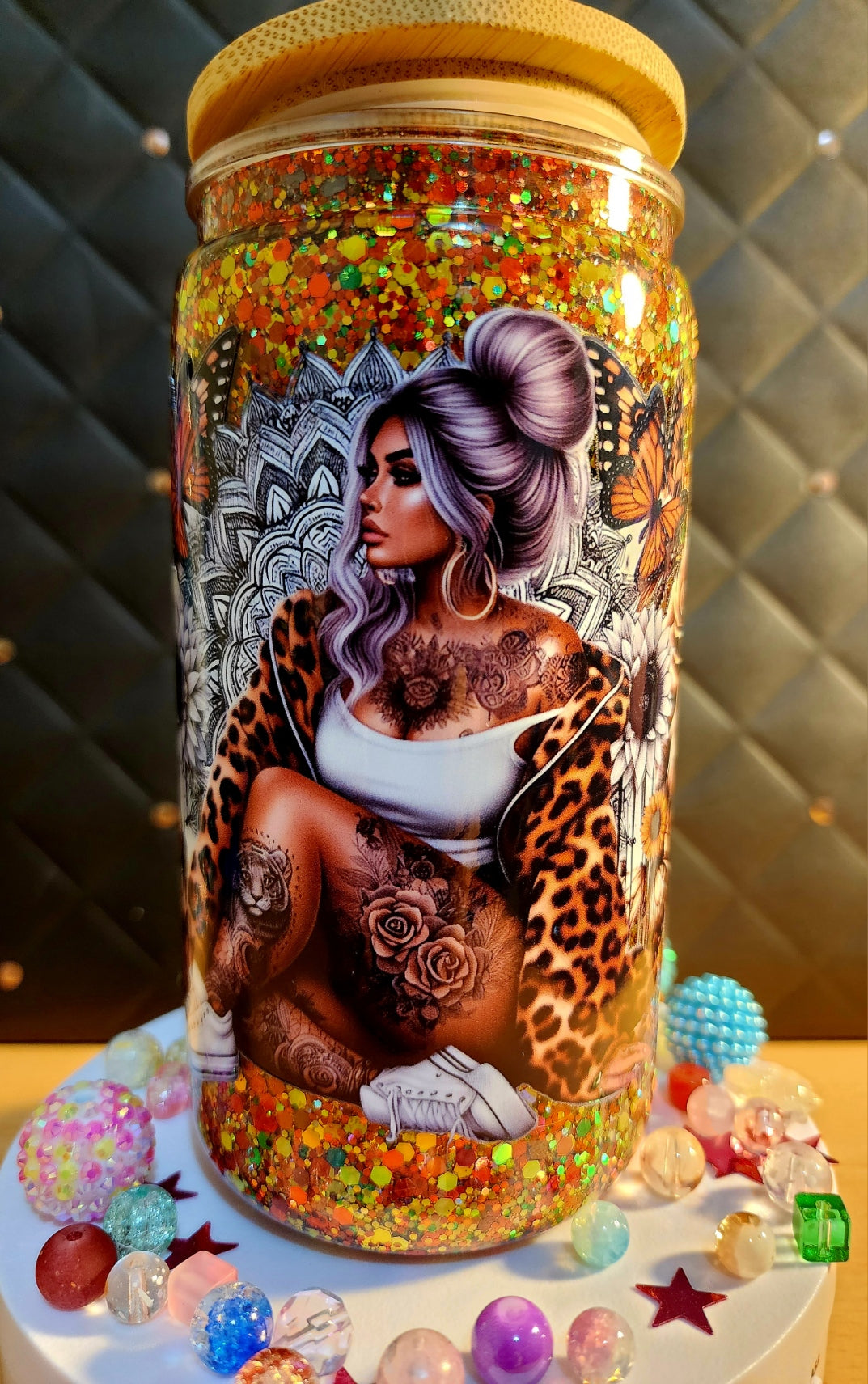SNOWGLOBE TUMBLER - Tattoo girl wearing leopard print - (glass)