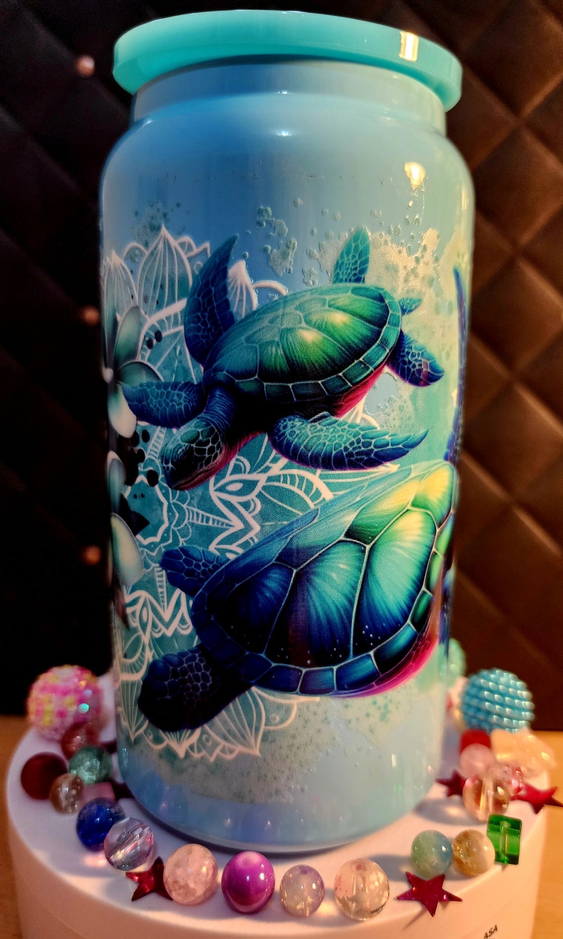 TUMBLER - Turtles and frangipanis (blue stainless steel)