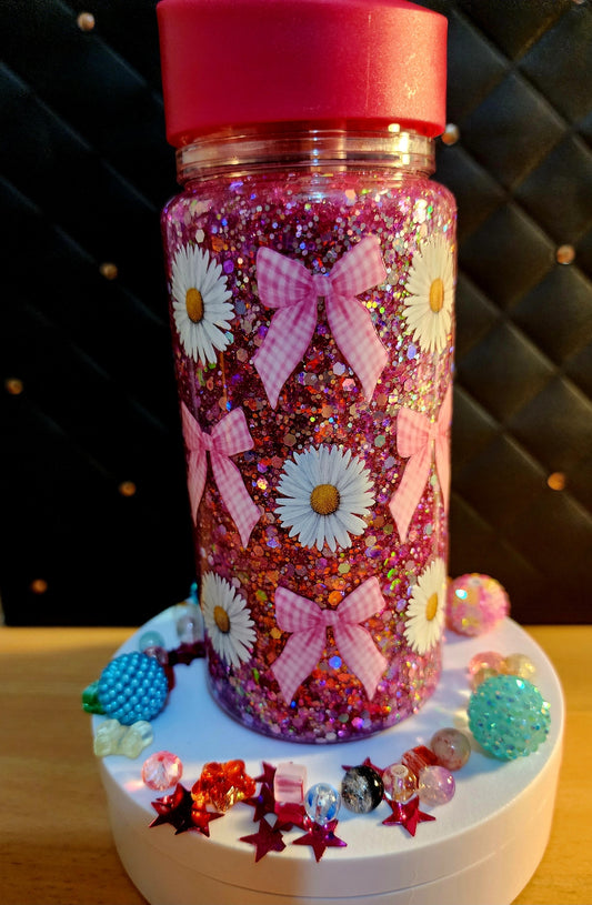SNOWGLOBE DRINK BOTTLE WITH FLOWERS AND RIBBONS (acrylic)