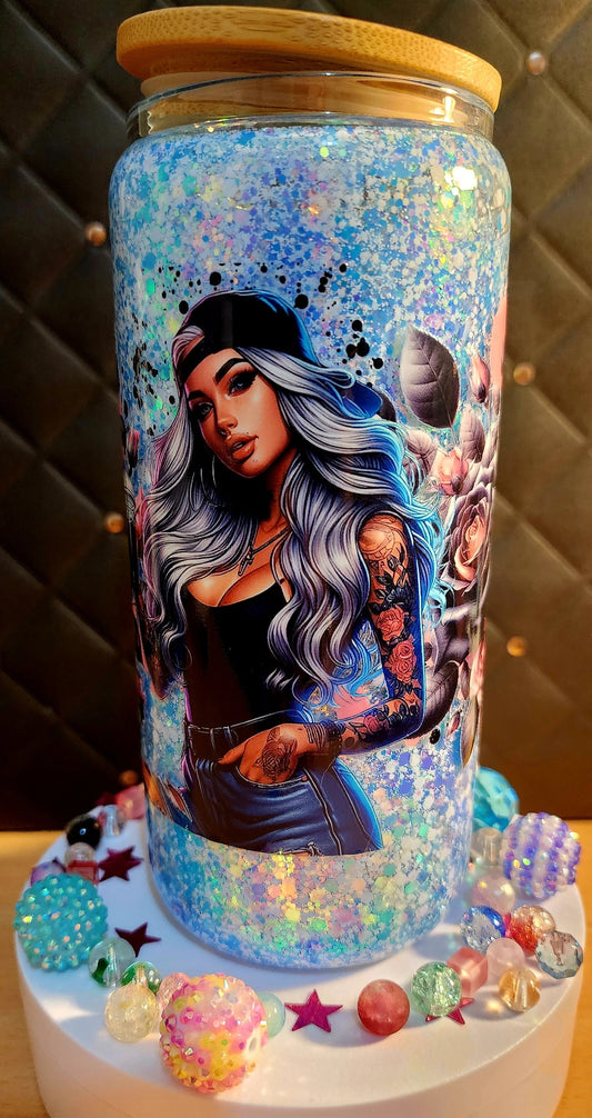 SNOW GLOBE - Tattoo Girl, Blue (Glass)