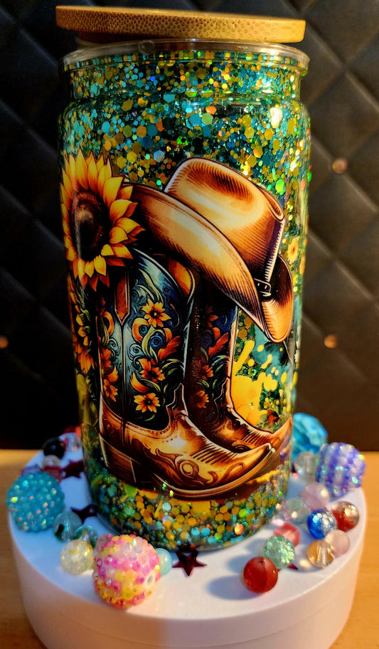 SNOWGLOBE TUMBER - cowboy boots and hat with sunflowers (glass)