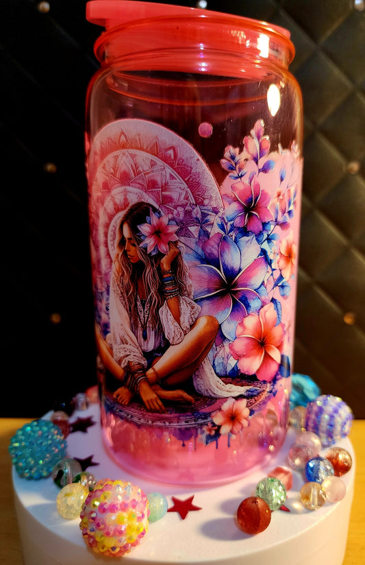 TUMBLER - girl meditating surrounded by flowers (acrylic)