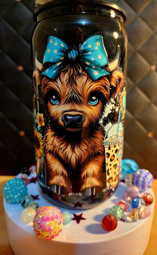 TUMBLER - Highland cow with blue ribbon (acrylic)