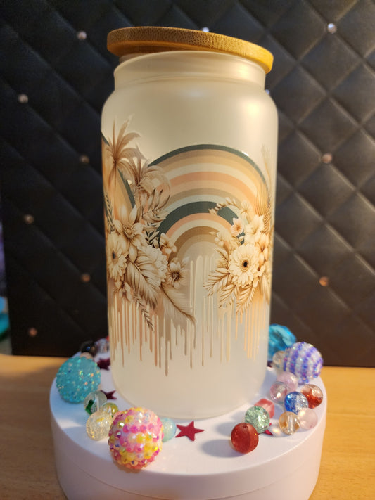 TUMBLER - brown rainbow arches with flowers (glass)