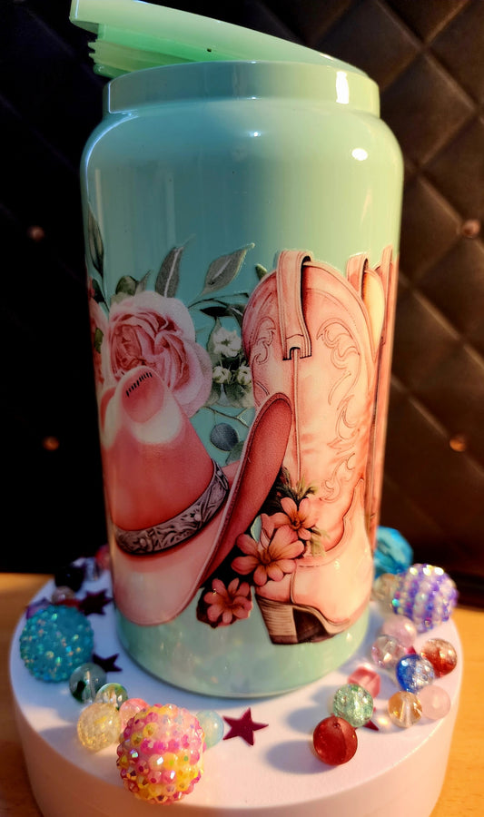 TUMBLER - Pink cowboy boots and cowboy hat - (stainless steel)