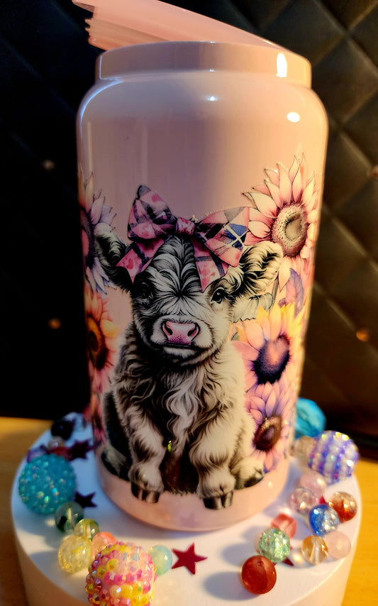 TUMBLER - Highland cow with pink daisies (stainless steel)