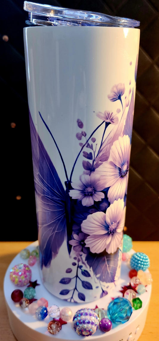 20oz TUMBLER - Purple butterfly with purple flowers (stainless steel)