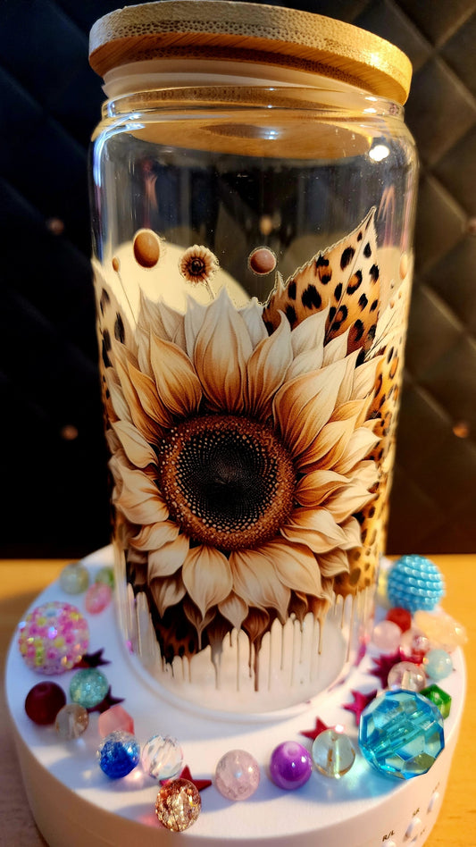 TUMBLER - Brown patterned sunflower (glass)