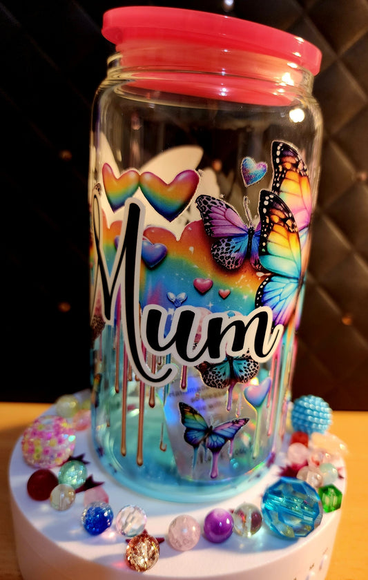 TUMBLER - Mum surrounded by love hearts and butterflies (acrylic)