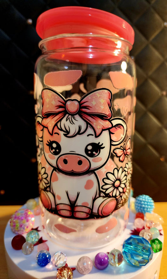 TUMBLER - White baby cow with pink ribbon (acrylic)