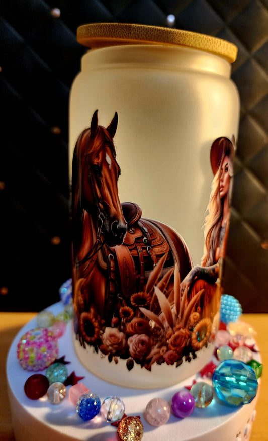 TUMBLER - Cowgirl and Horse - In my happy place (glass)