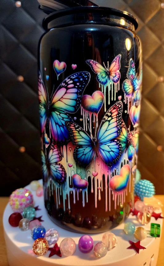 TUMBLER -  Dripping colored flowers and butterflies (acrylic)