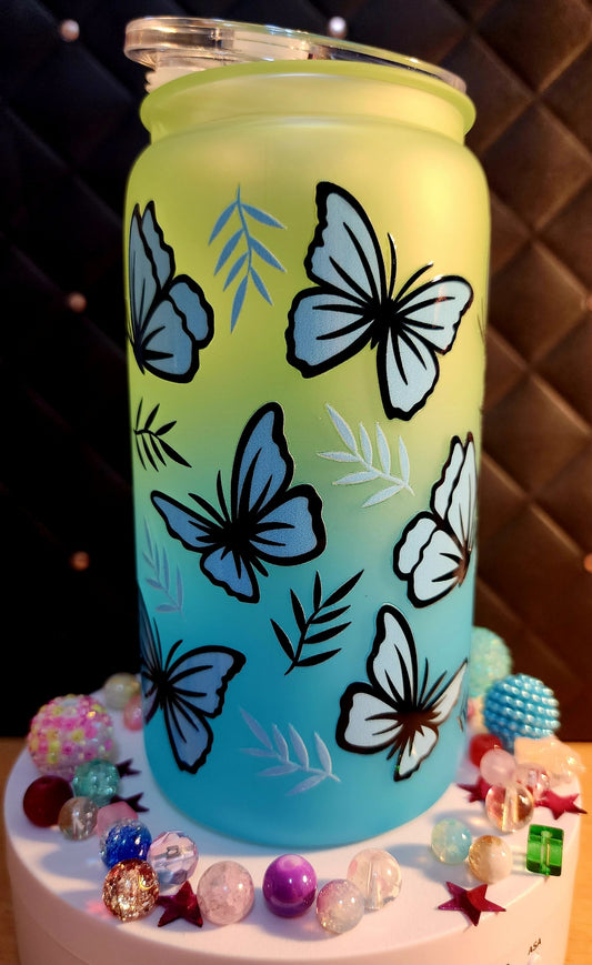 TUMBLER - Ombre cup with blue butterflies (acrylic)