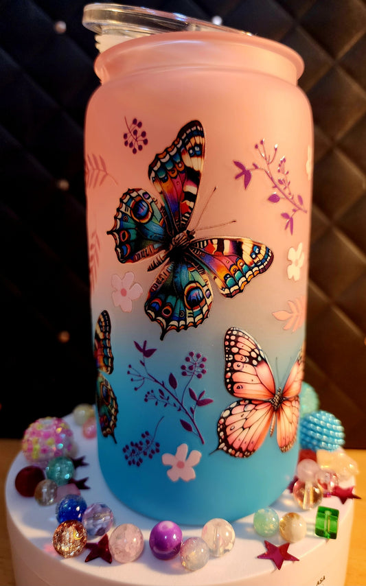 TUMBLER - Ombre Cup - Colored and pink butterflies (acrylic)