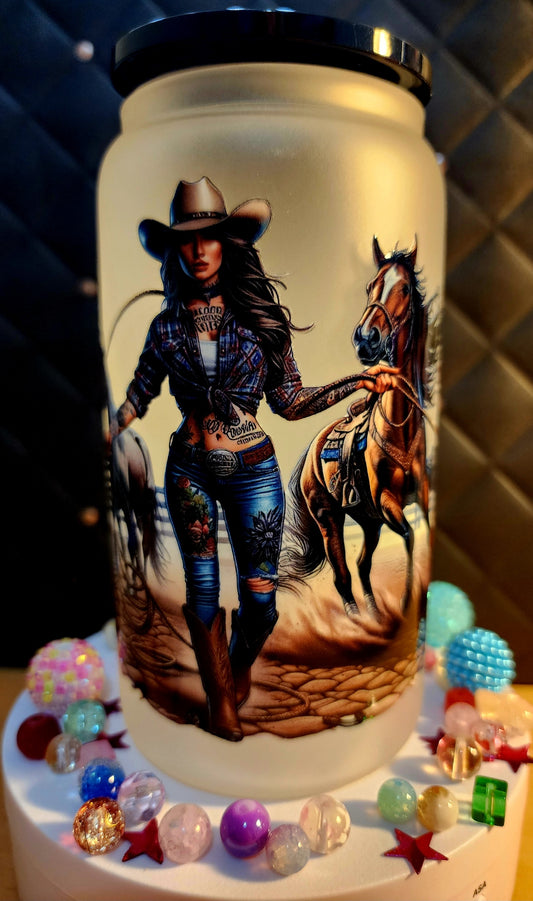 TUMBLER - Cowgirl and horse - Hurt me once and I'll shoot you twice (glass)