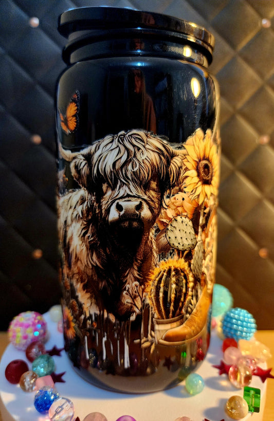 TUMBLER - Highland Cow with Sunflowers (acrylic)