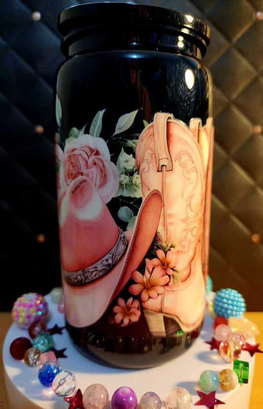 TUMBLER - Pink cowboy hat and pink boots (black acrylic)