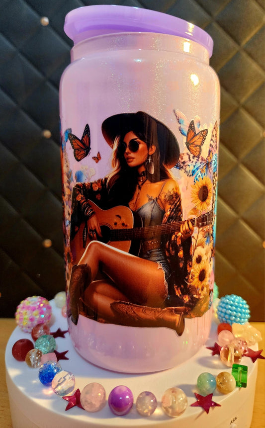 TUMBLER - Tattoo girl with butterflies and sunflowers (pink glass)