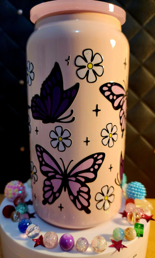 TUMBLER  - Purple butterflies and daisies - (pink stainless steel)