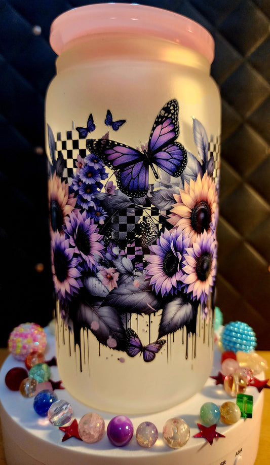 TUMBLER - Purple flowers and butterflies (pink glass)