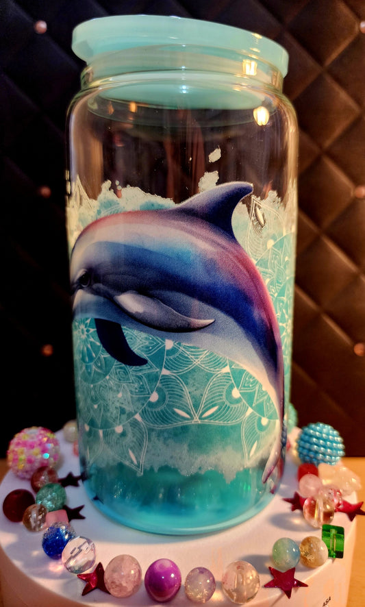 TUMBLER - Dolphin with green frangipanis (acrylic)