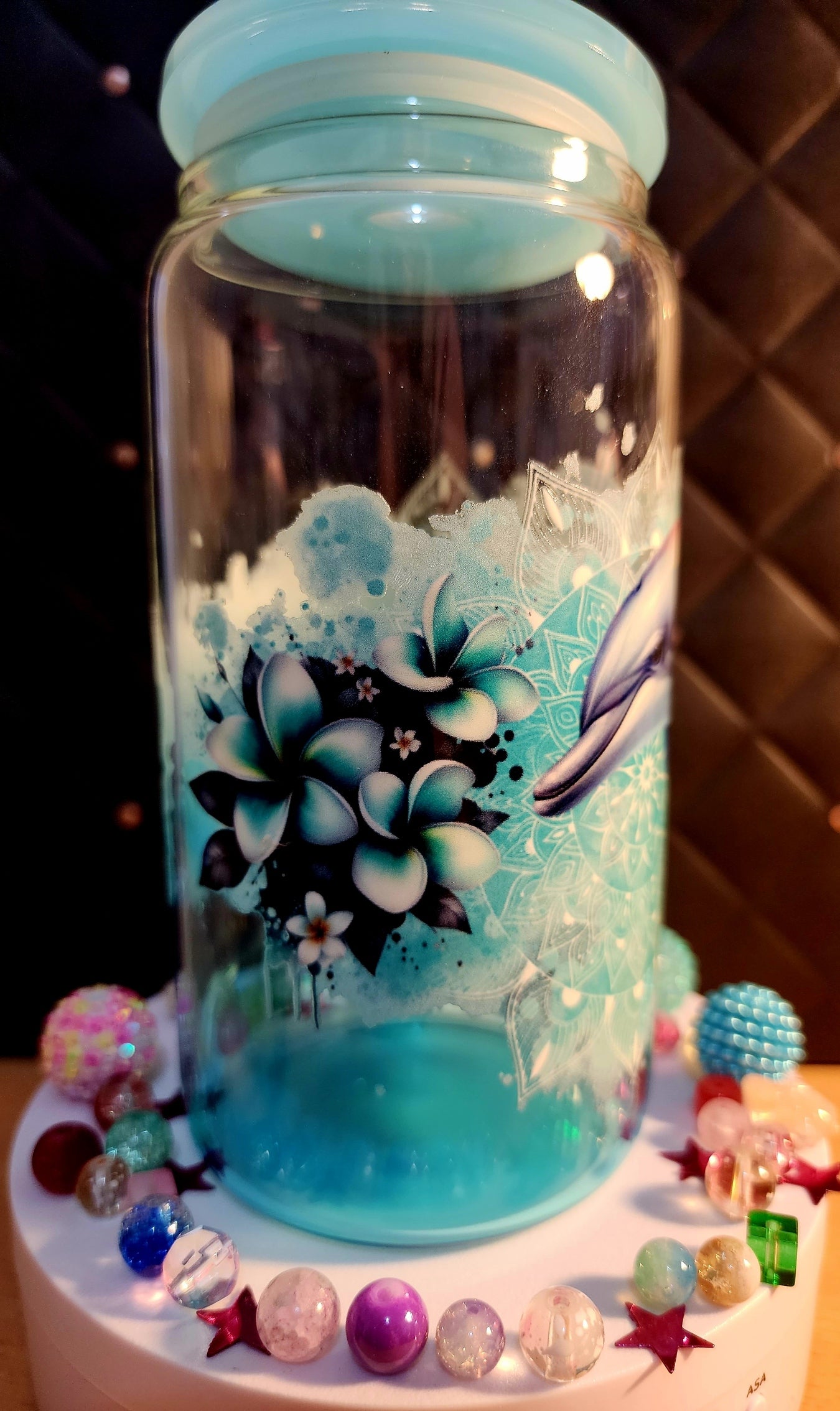 TUMBLER - Dolphin with green frangipanis (acrylic)