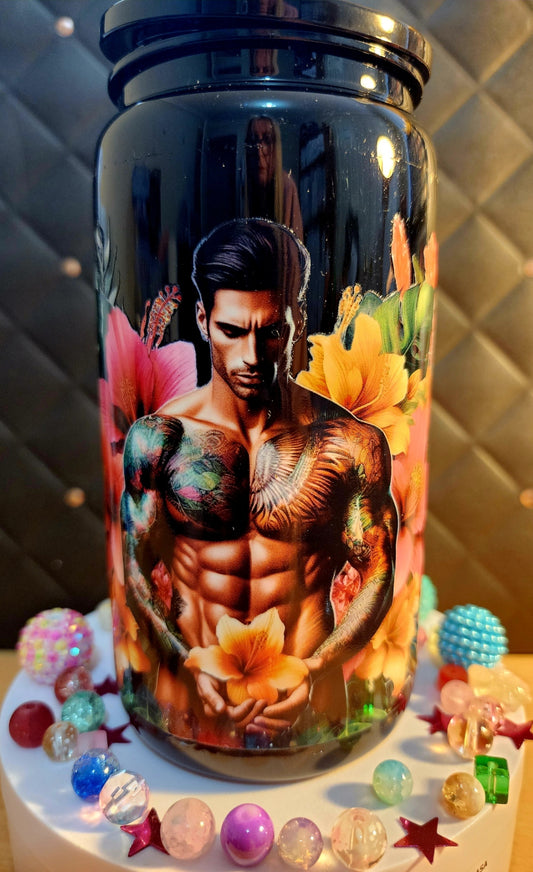 TUMBLER - Topless man holding flower (black acrylic)