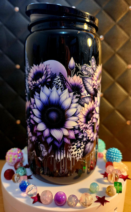 TUMBLER - Purple dripping flowers (black acrylic)